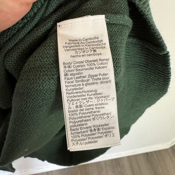 J.Crew Cotton Half-zip Sweater Mens L Green Pullover Ribbed Trim Leather Zipper - Picture 6 of 8